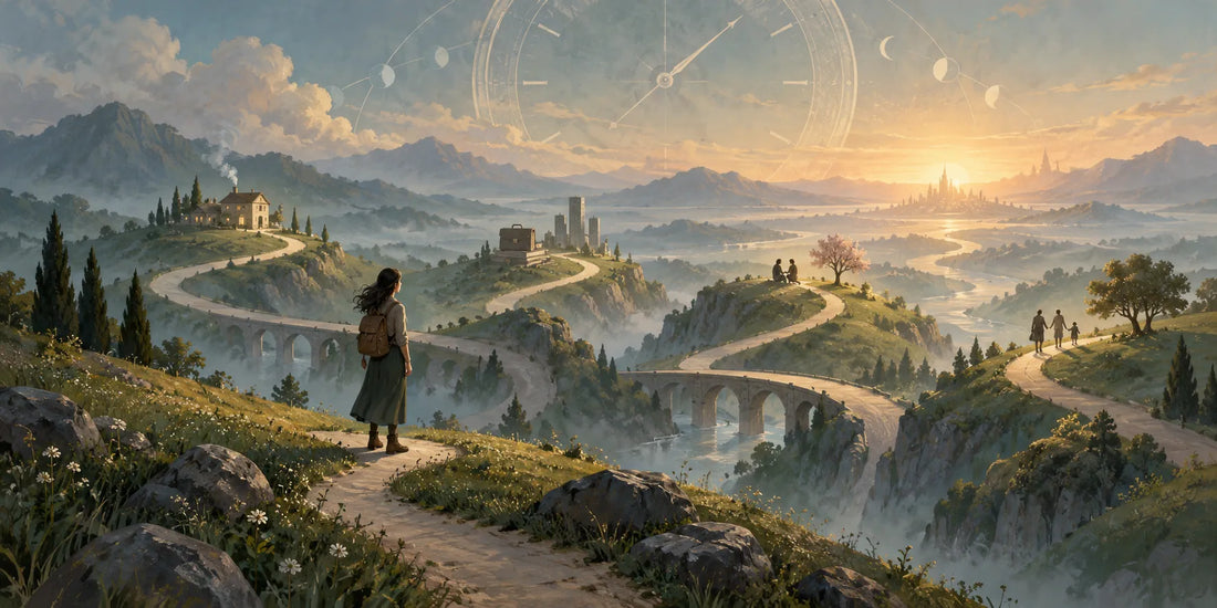 Una persona osserva diversi sentieri verso case, lavoro e famiglia, sotto un grande orologio nel cielo: metafora del sentirsi indietro nella vita.