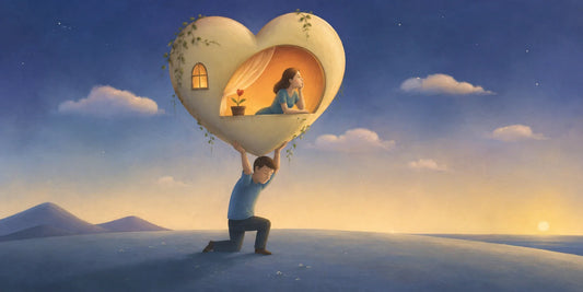 Illustrazione sul sentirsi necessari in una relazione: una persona sostiene un cuore-casa mentre il partner è al suo interno, simbolo della differenza tra sentirsi utili e sentirsi scelti.
