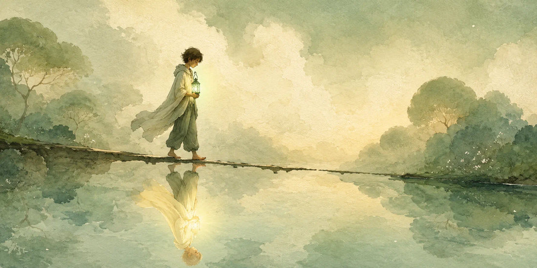 Illustrazione poetica di una persona che cammina su un sentiero sospeso sull’acqua, con una lanterna verde vicino al cuore e un riflesso luminoso, simbolo di fiducia, autostima e sicurezza in se stessi nel percorso di counseling relazionale a Torino.