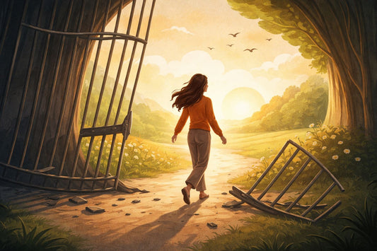 Illustrazione concettuale minimalista di una persona che si libera da fili invisibili, simbolo del passaggio dal vittimismo alla responsabilità personale e alla crescita interiore, counseling relazionale