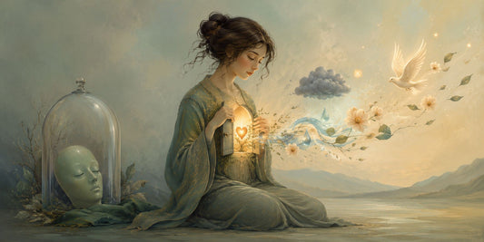 Illustrazione concettuale sulla spiritualità autentica e la crescita personale, con una figura che apre il cuore alle emozioni invece di nasconderle, per un percorso di consapevolezza con Counselor Relazionale a Torino.