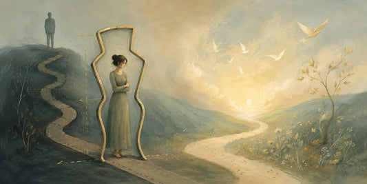 Illustrazione concettuale di una relazione che fa sentire sbagliata una persona, con una figura fragile accanto a una presenza più grande e distante, simbolo di giudizio, perdita di sé e bisogno di ritrovarsi.